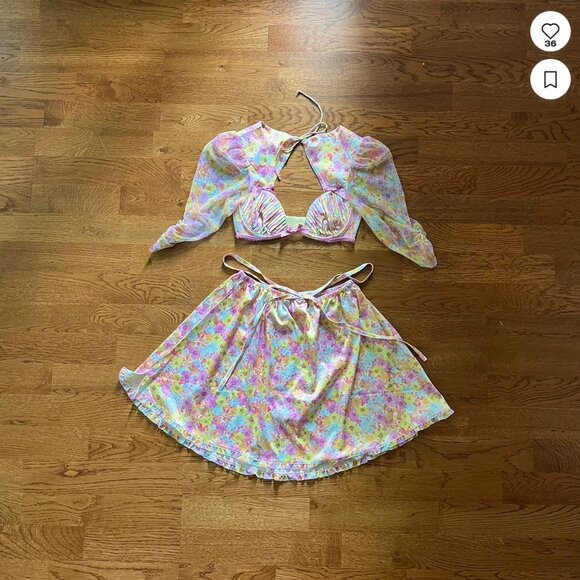 For Love And Lemons Dresses & Skirts - For Love & Lemons Pink Punch Skirt Set Crop Bra Top Puff Floral XXS Pastel sheer